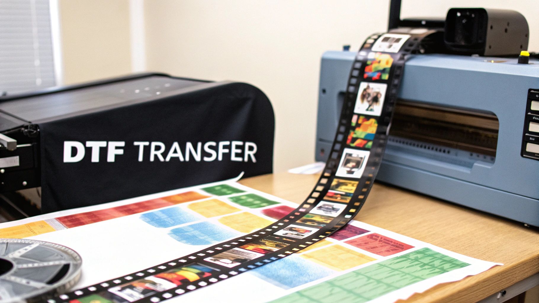 A DTF machine printing a colorful design onto a clear PET film roll.