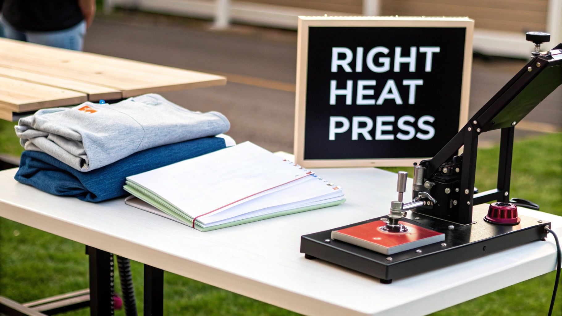 A close-up of a black heat press machine and neatly folded t-shirts on a white table, with a 'RIGHT HEAT PRESS' sign in the background.