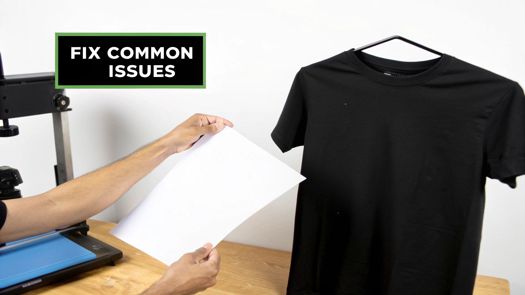 A person using a small heat press to apply a transfer onto a piece of fabric, demonstrating how to iron on a transfer.