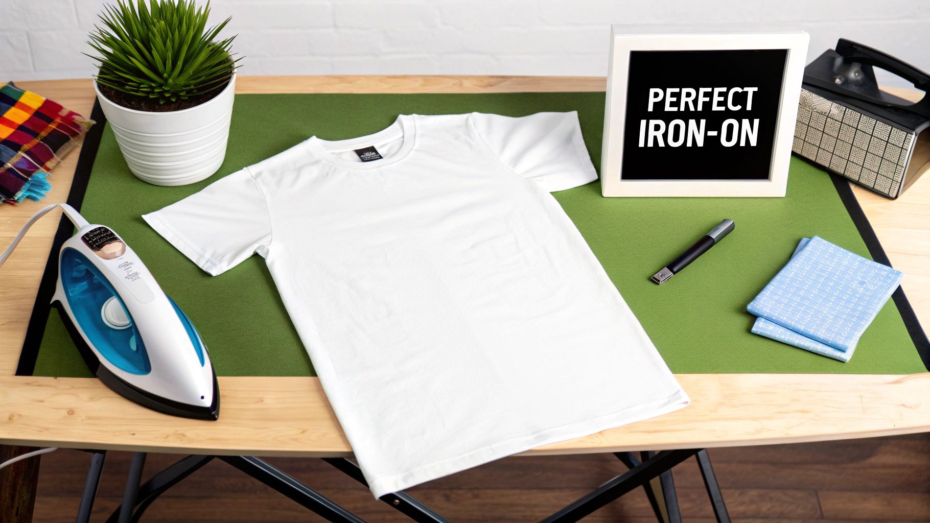 A person ironing on a colorful DTF transfer onto a white t-shirt.