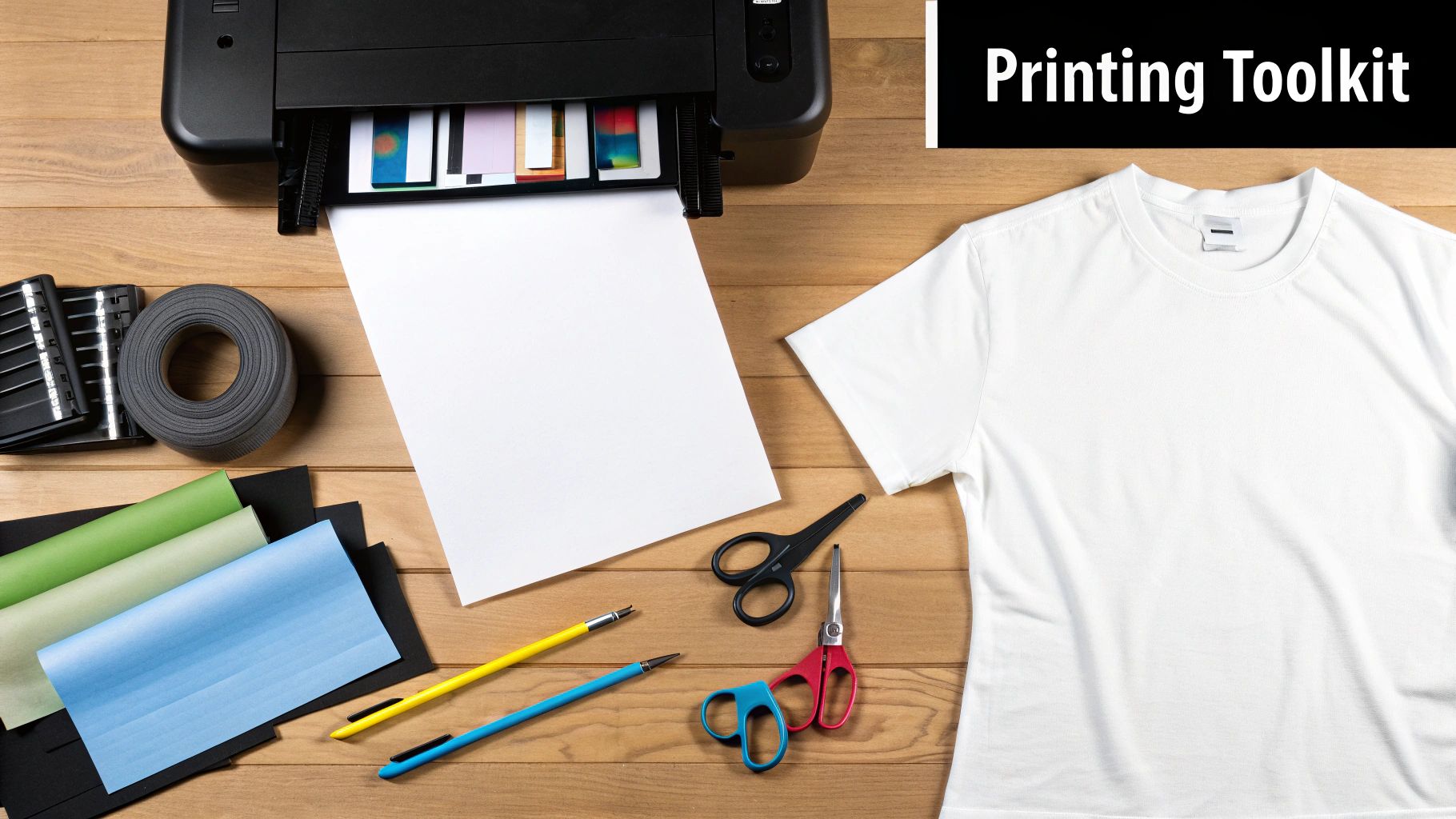 Person holding a custom-designed t-shirt with a vibrant print, showcasing the result of using transfer paper.
