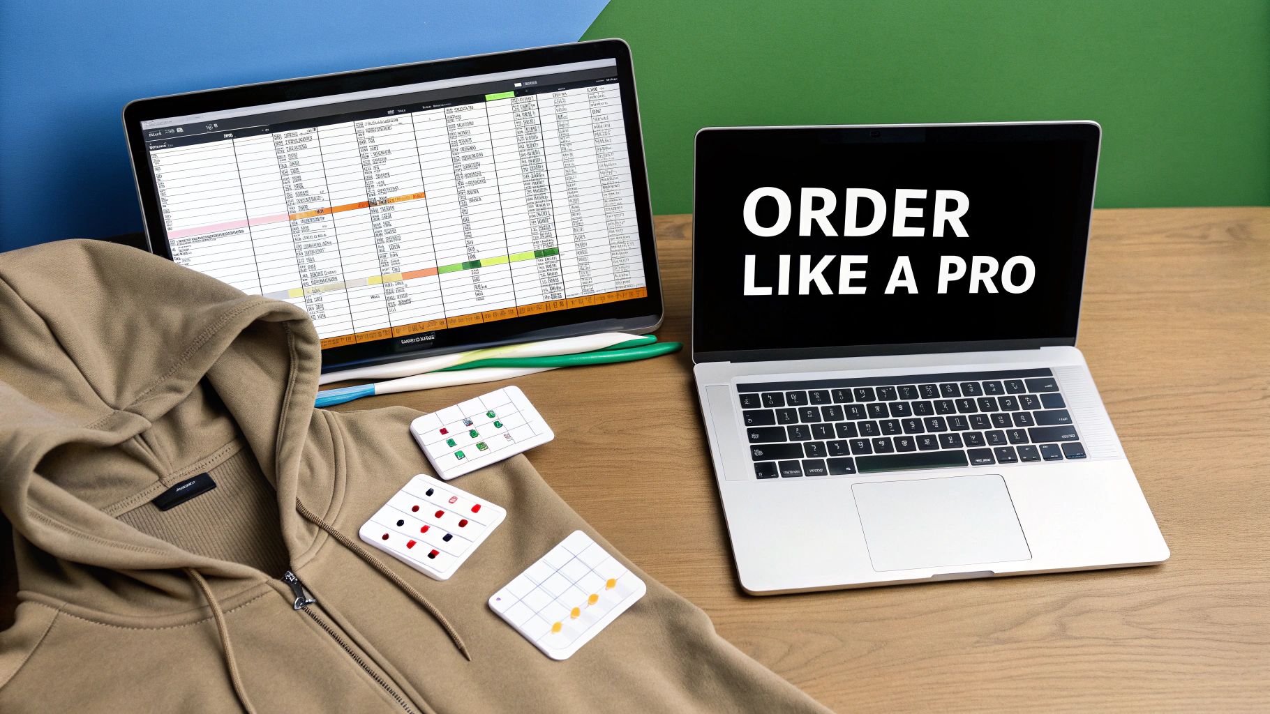 Two laptops on a wooden desk, one showing a spreadsheet, the other displaying 'ORDER LIKE A PRO', beside a beige hoodie.