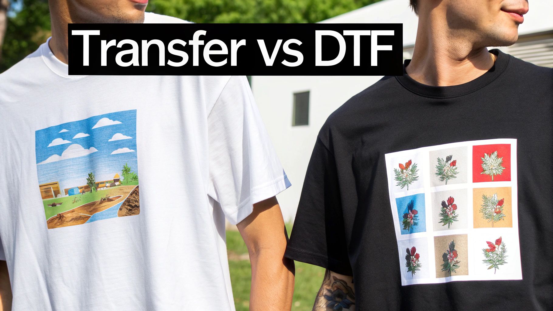 A comparison showing the softer, more integrated look of a DTF transfer on a shirt versus the stiffer appearance of a traditional thermal transfer paper design.