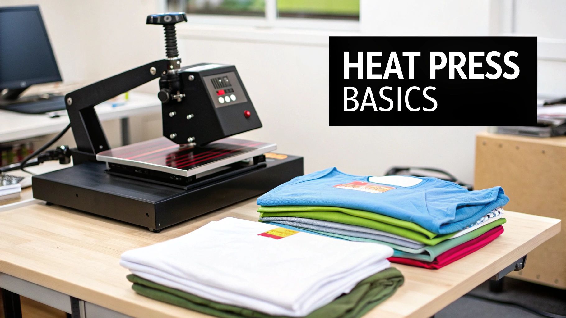 A close-up of a heat press machine with a vibrant, colorful T-shirt design on it.