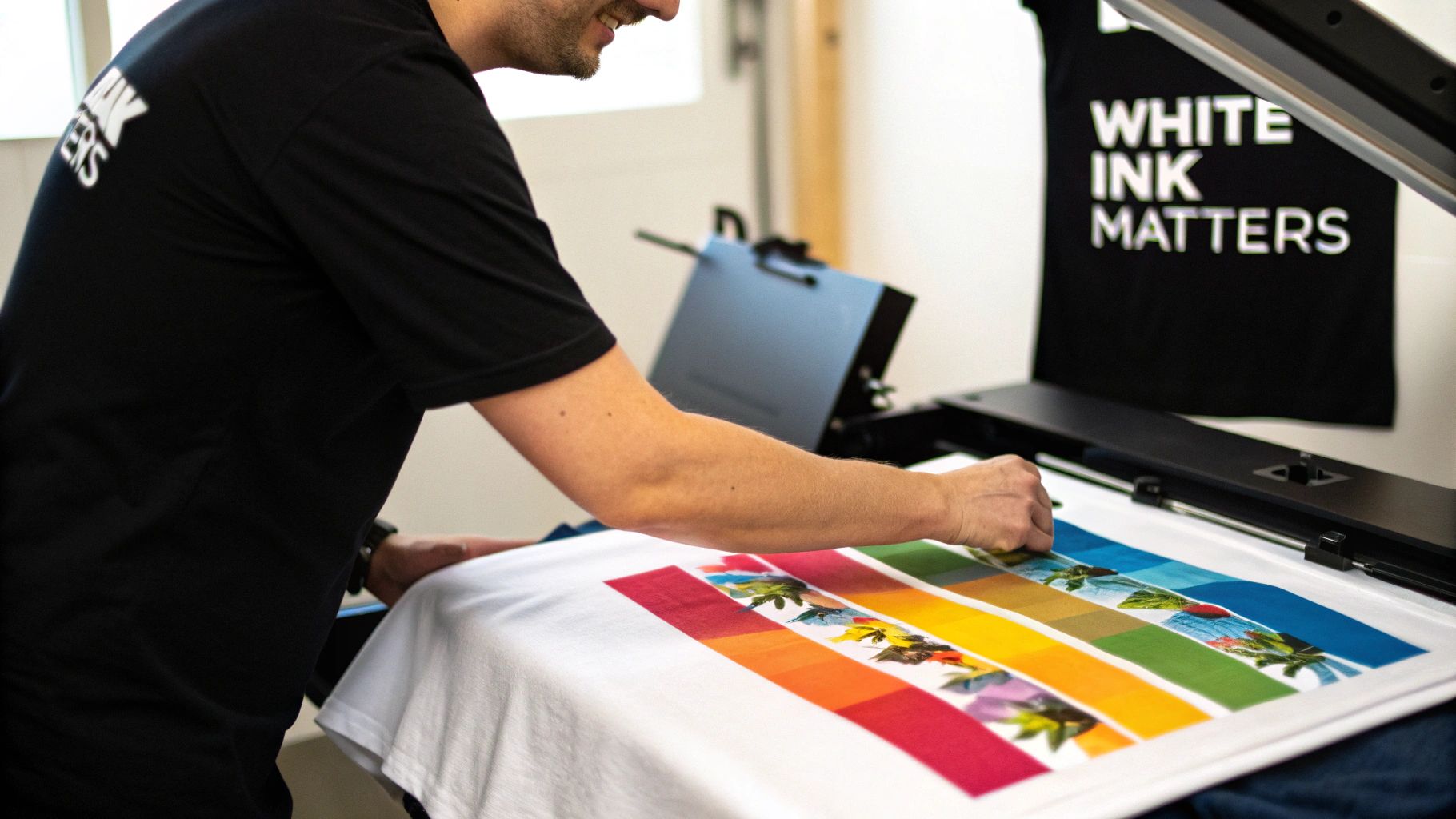 A person uses a printer to apply a vibrant, colorful design onto a white t-shirt, emphasizing white ink technology.