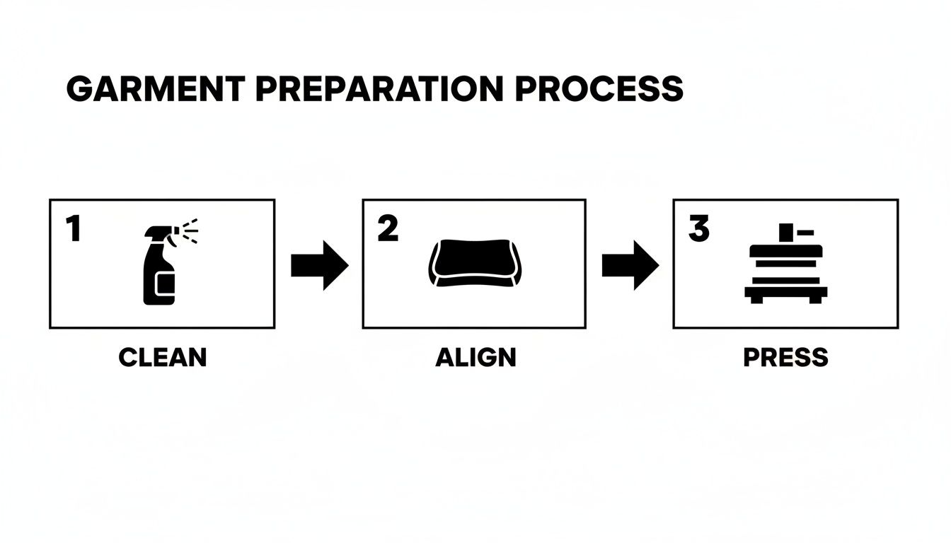 Visual guide outlining a three-step garment preparation process: clean, align, and press, with icons.