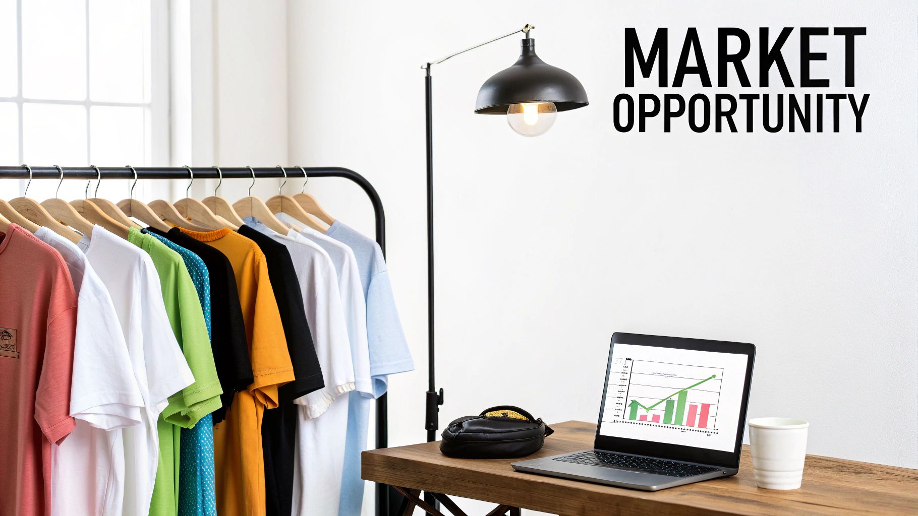 A vibrant clothing rack with various t-shirts, a laptop showing market data, and 'MARKET OPPORTUNITY' on the wall.