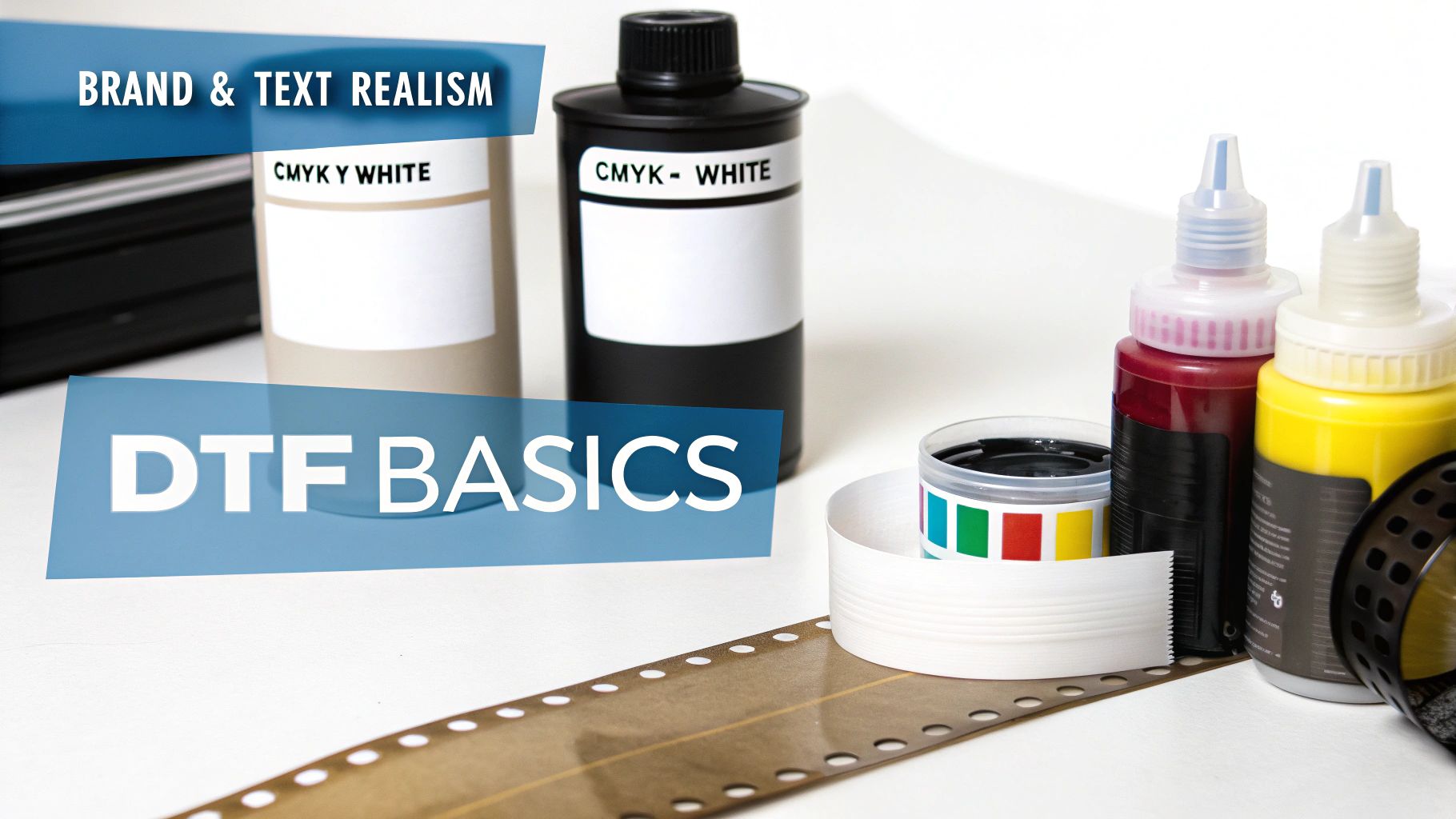 A collection of DTF printing supplies, including CMYK and white ink bottles, film, and equipment.