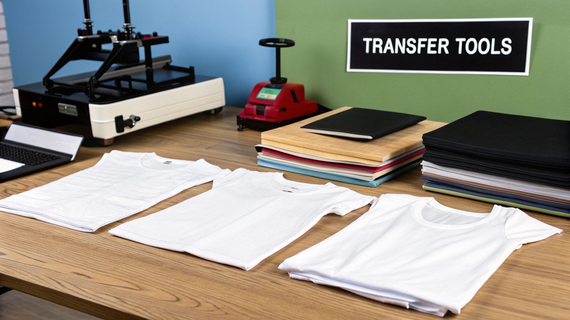 A collection of transfer printing tools including a heat press, transfer paper, and a blank t-shirt.
