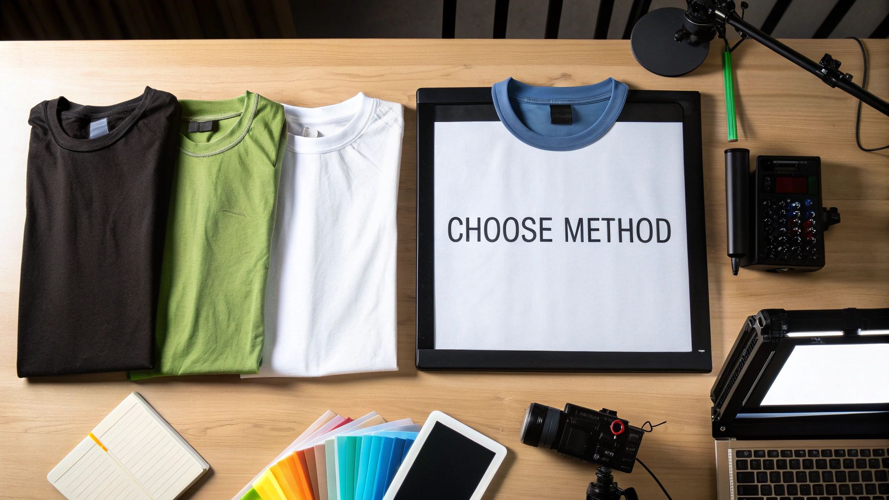Overhead shot of a creative workspace with t-shirts, design tools, and a 'CHOOSE METHOD' sign.