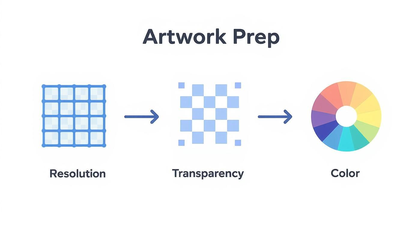 Artwork preparation workflow diagram showing resolution grid, transparency checkerboard pattern, and color wheel progression