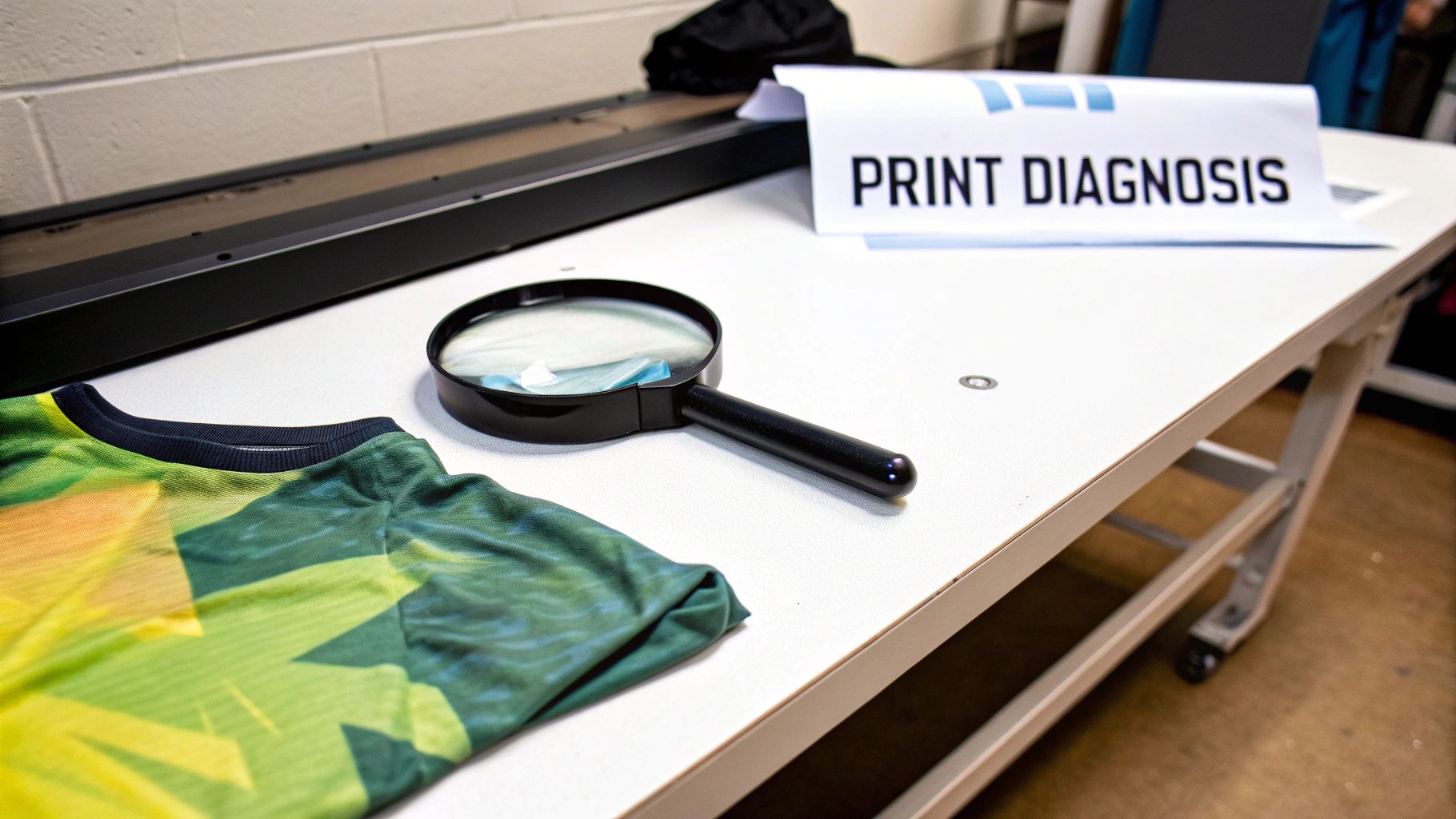 A work table with a colorful t-shirt, magnifying glass, and 'PRINT DIAGNOSIS' sign, suggesting quality control.