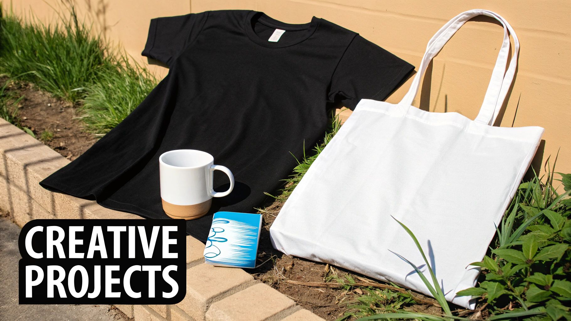 Several custom items made with transfer paper, including a t-shirt, tote bag, and a wooden sign.