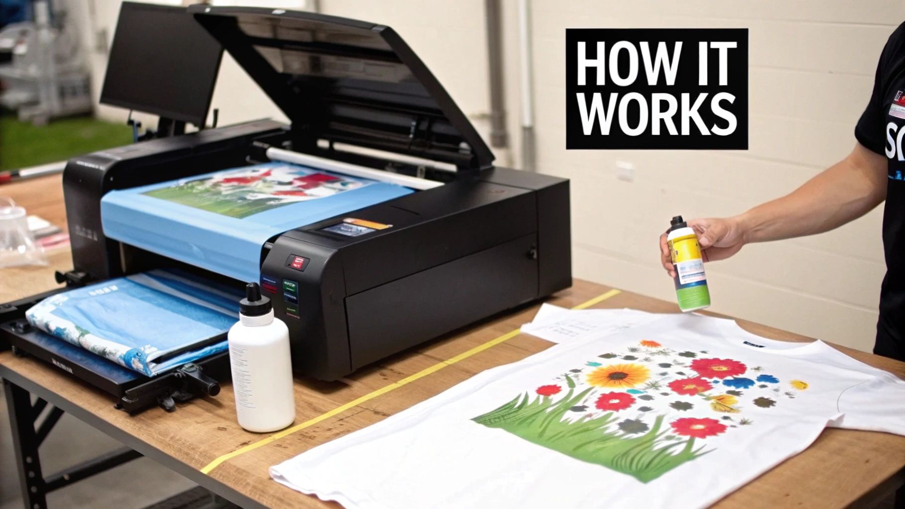 A sublimation heat press machine in action, transferring a design onto a t-shirt