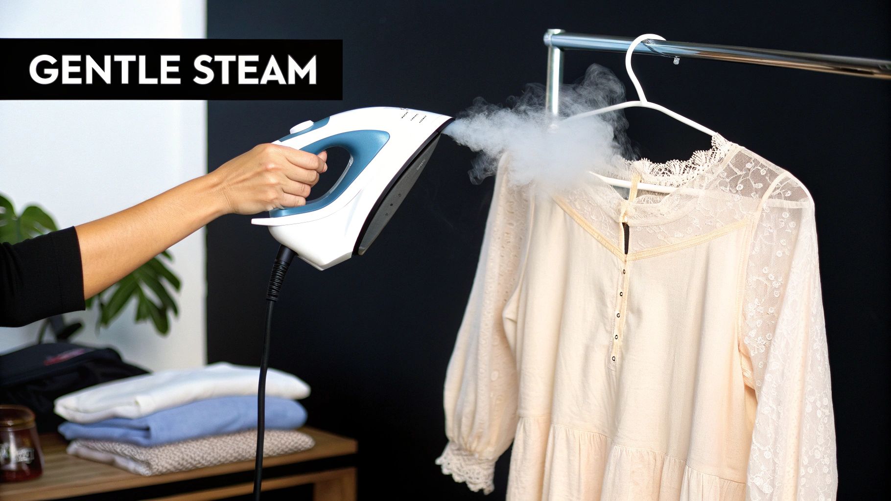 A person uses a handheld clothing steamer to gently remove wrinkles from a delicate, lacy dress.
