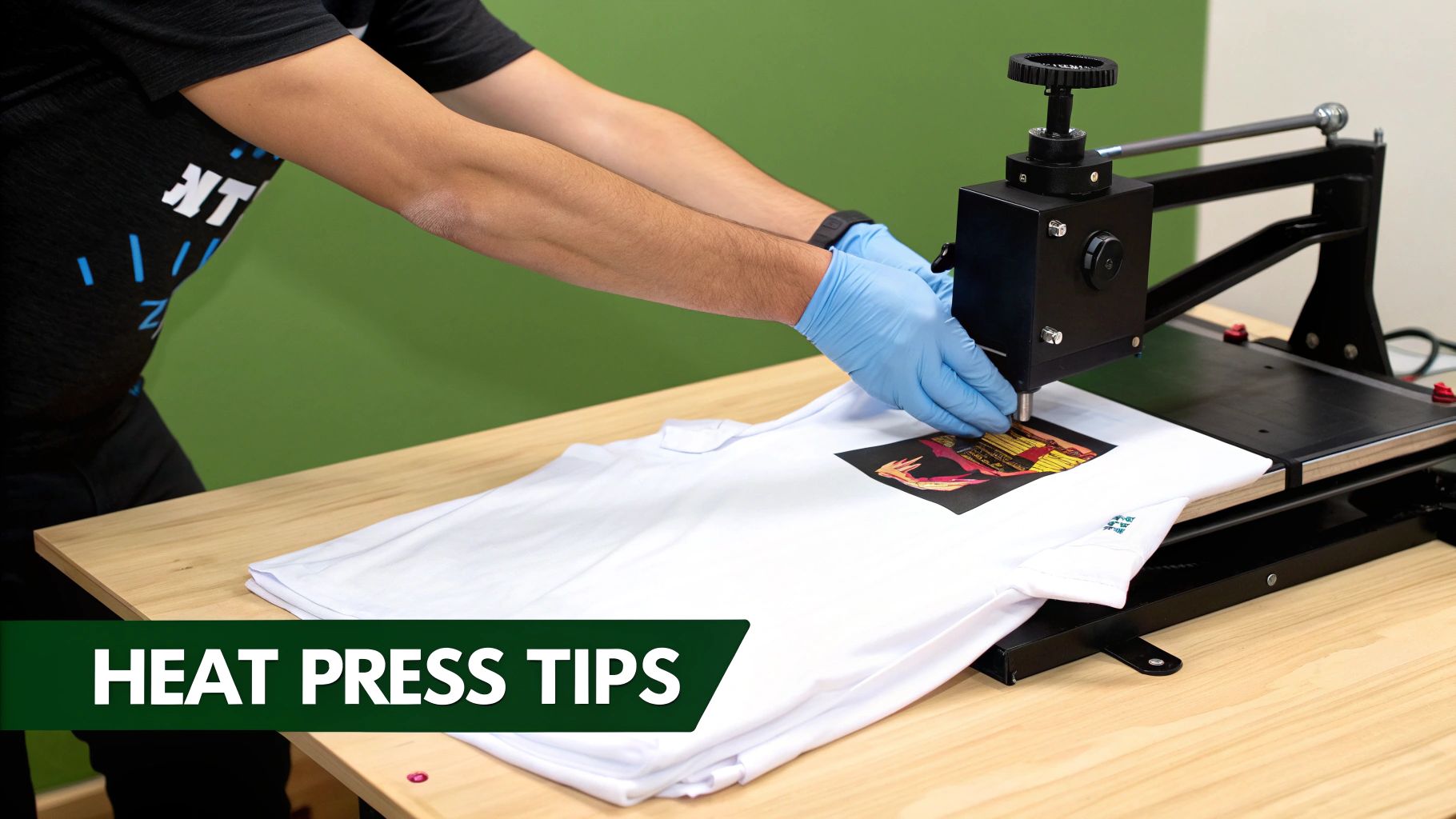 A person in blue gloves operates a heat press machine to apply a colorful design onto a white t-shirt.