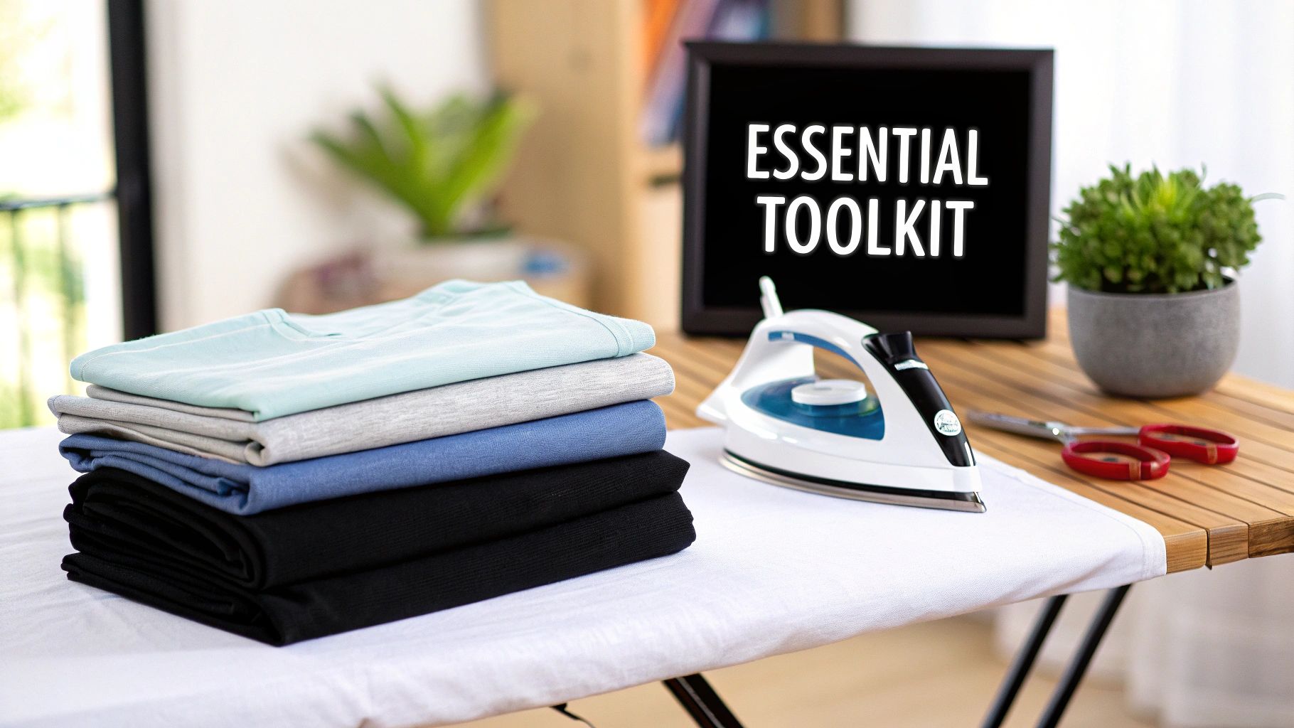 A person using a heat press machine to apply an iron-on transfer to a white t-shirt.