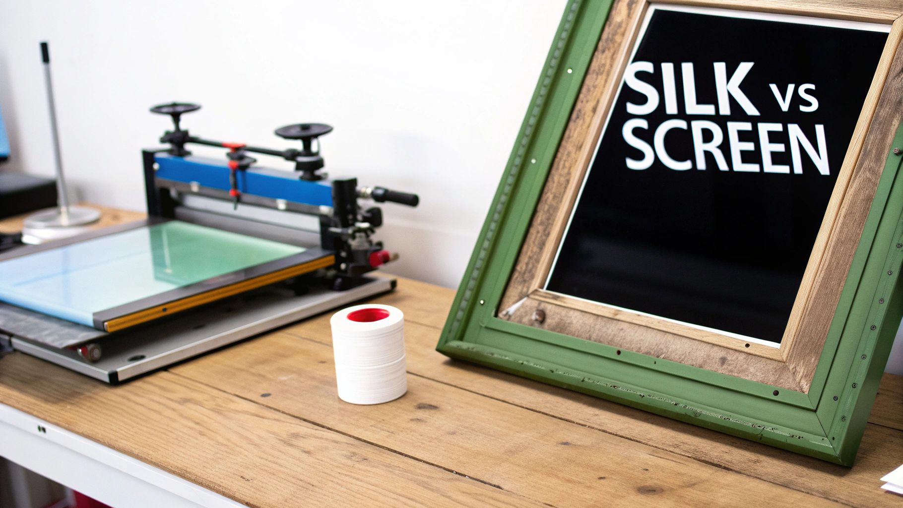 A screen printing press with a light table, tape, and a 'SILK vs SCREEN' sign.