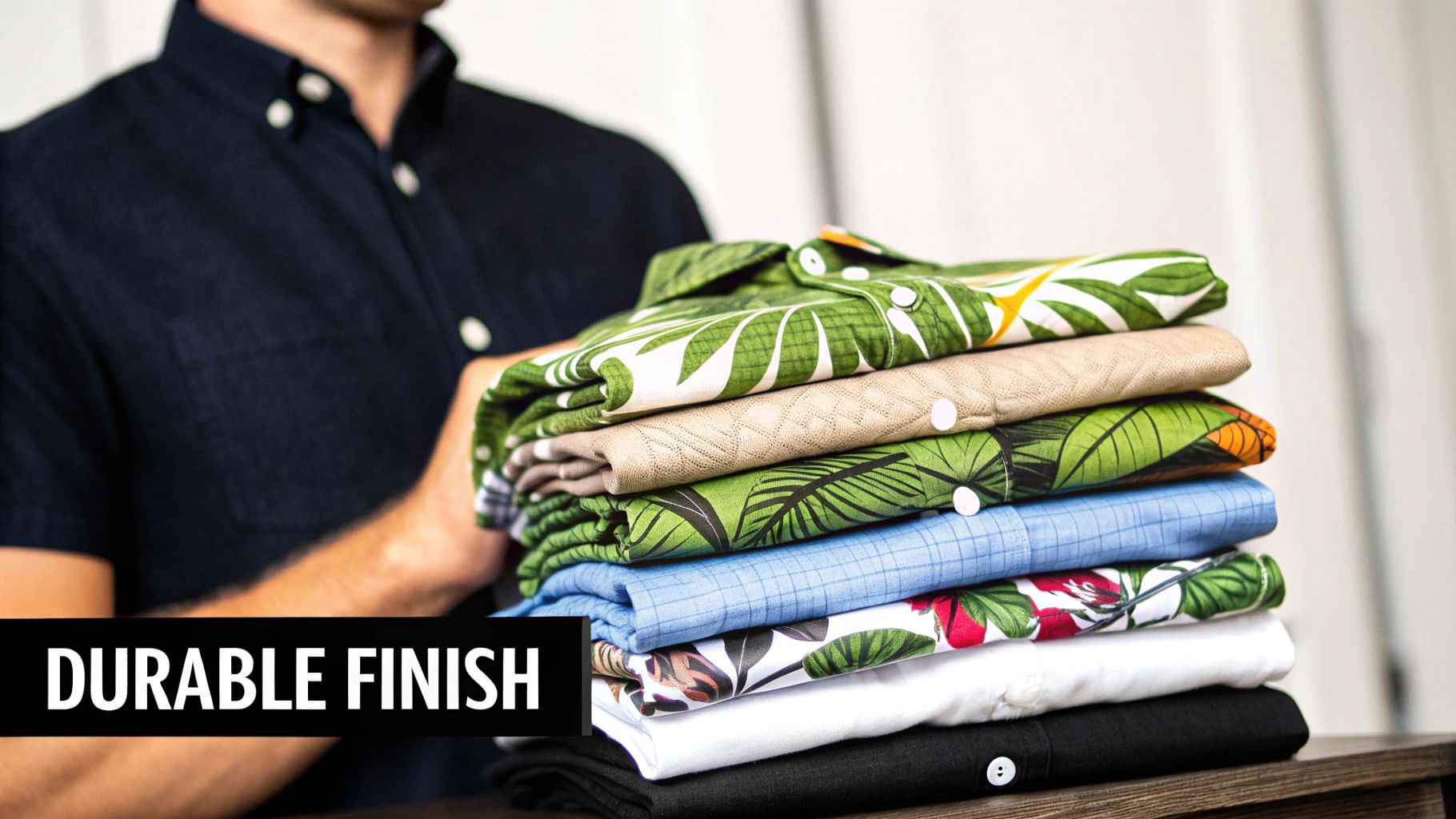 A neatly folded stack of custom-printed shirts, showcasing their durable and vibrant designs.