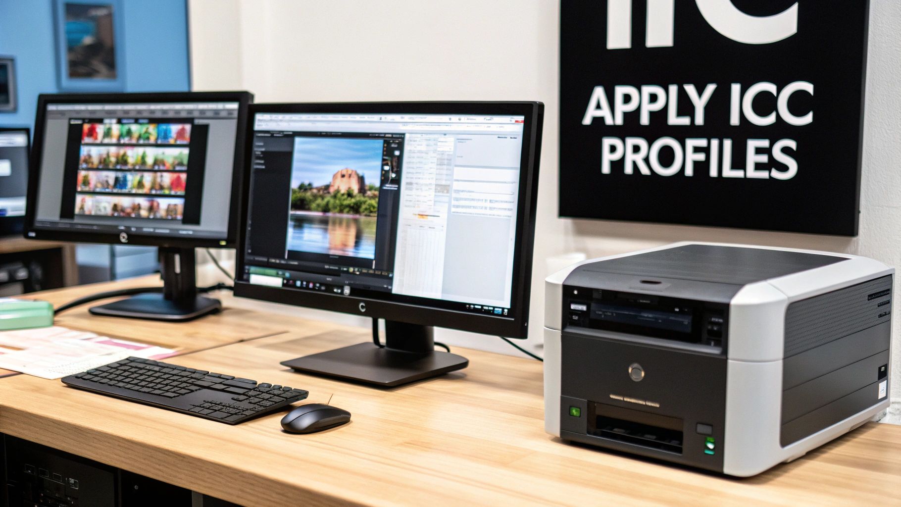 A professional photography workspace with two monitors displaying image editing software and a large printer, highlighting ICC profiles.
