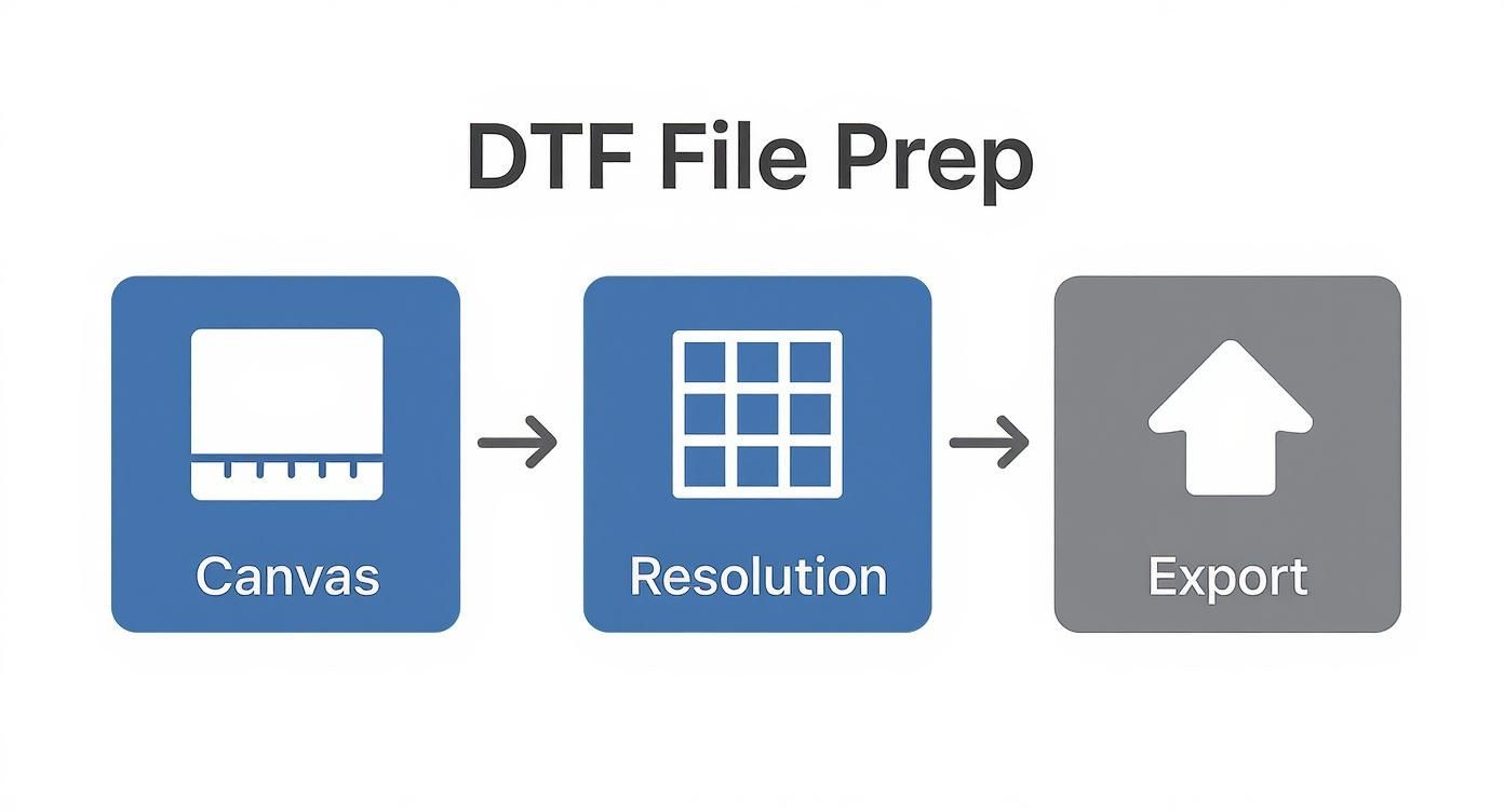 A flowchart illustrating the DTF file preparation process with three steps: Canvas, Resolution, and Export.