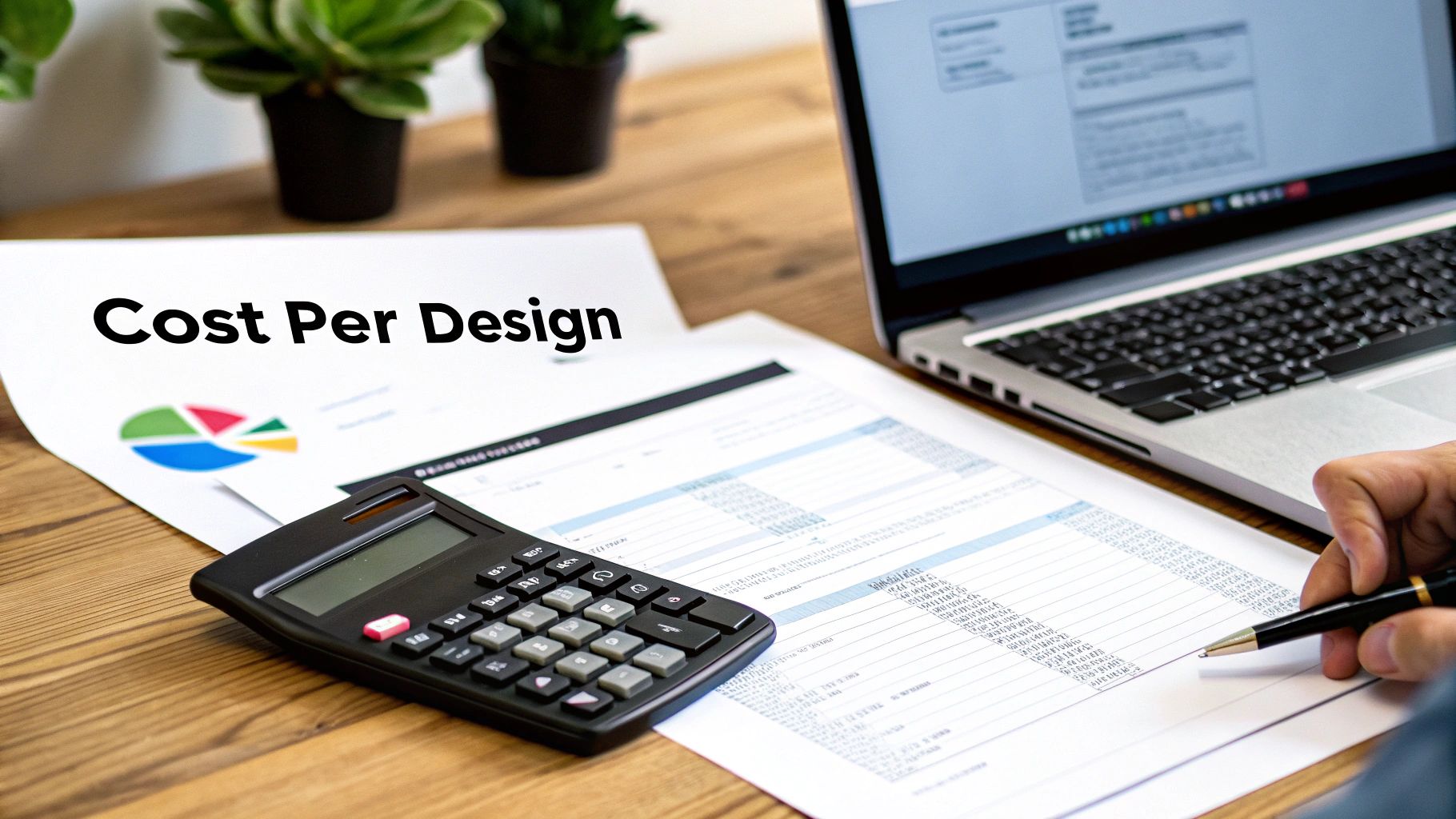 Person calculating design costs with calculator, spreadsheets, and laptop on wooden desk