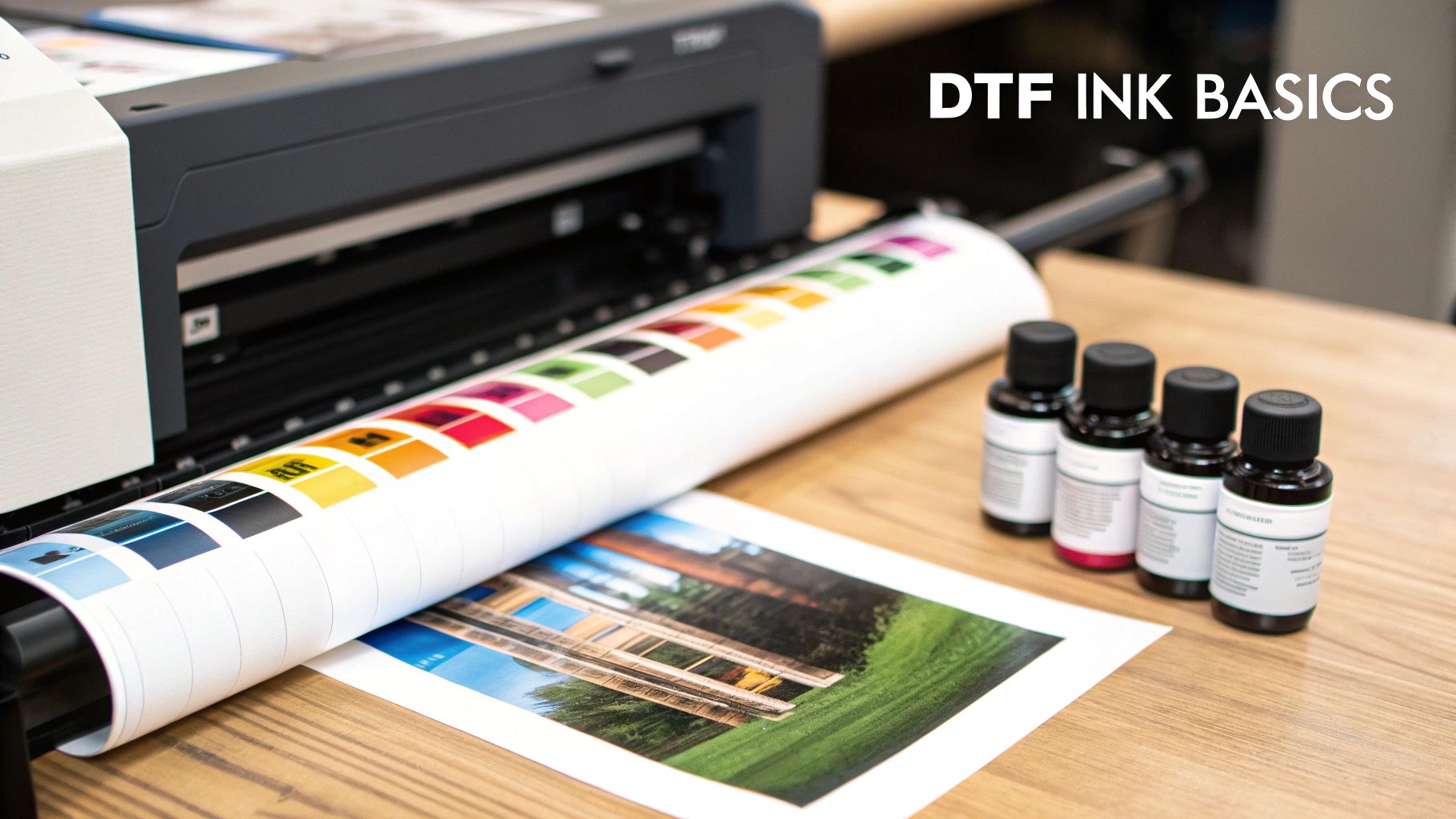 Bottles of colorful DTF printer ink arranged neatly