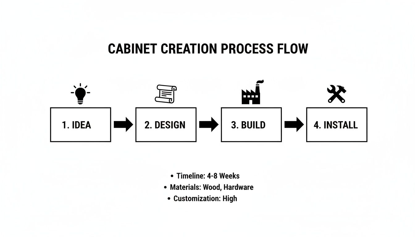 A black and white flowchart illustrating the cabinet creation process from idea to installation, with key project details.