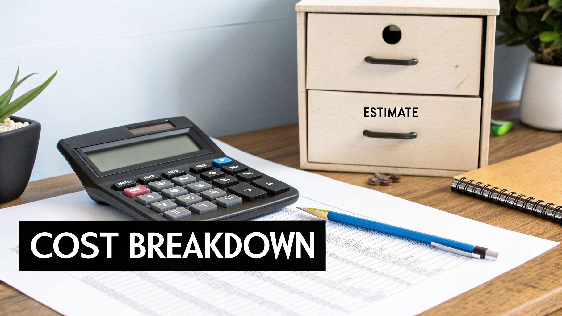 A desk with a calculator, documents, and a pencil, featuring text 'COST BREAKDOWN' and a drawer labeled 'ESTIMATE'.