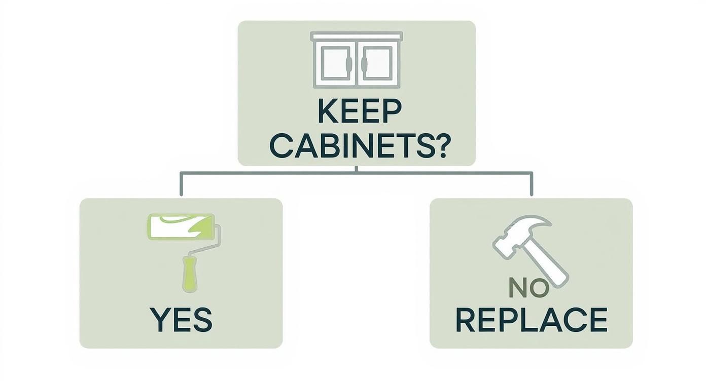 Decision flowchart showing paint roller for keeping cabinets versus hammer for replacing kitchen cabinets