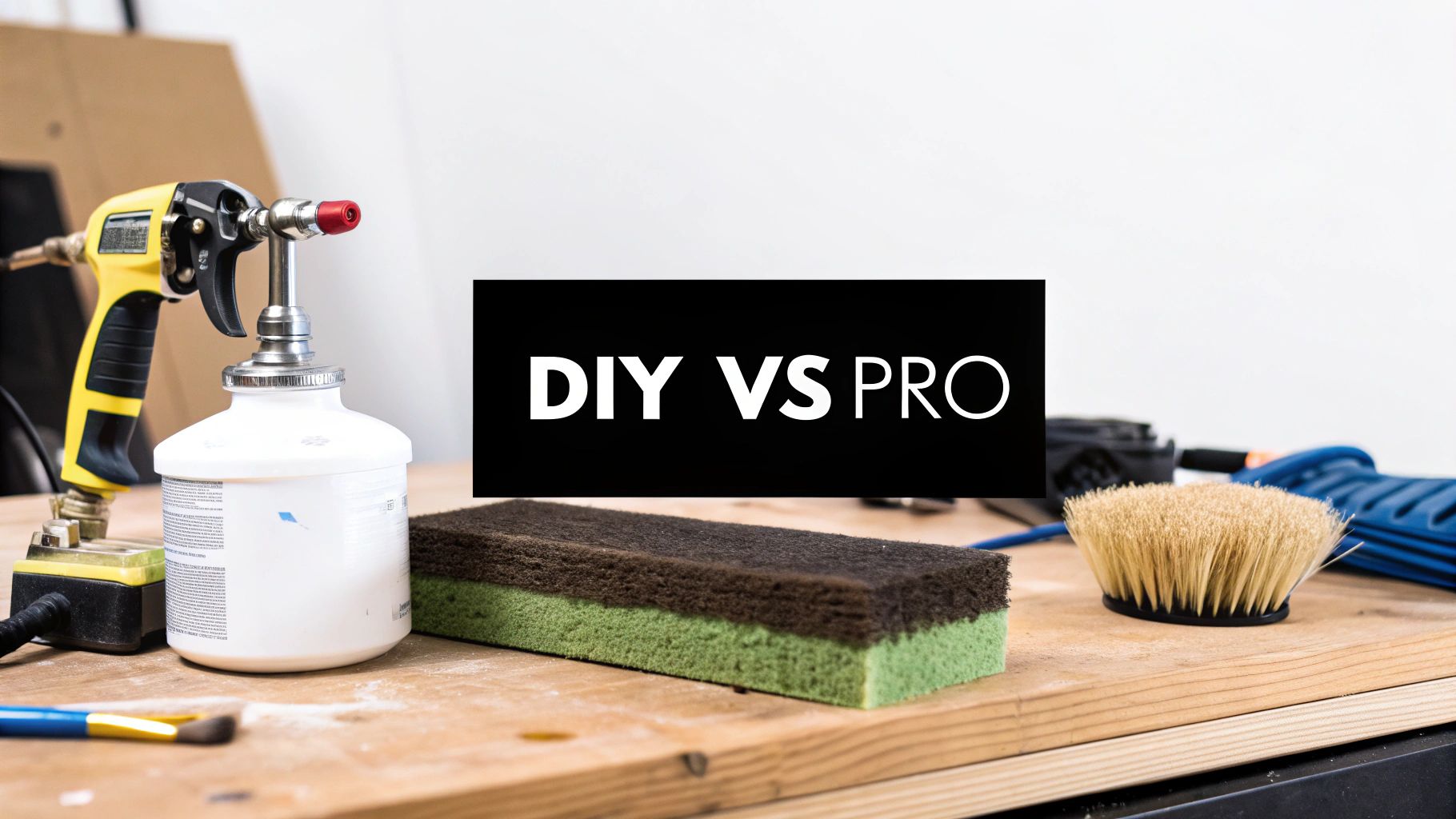 Various refinishing tools, including a spray gun, sponge, and brush, on a workbench with 'DIY VS PRO' text.