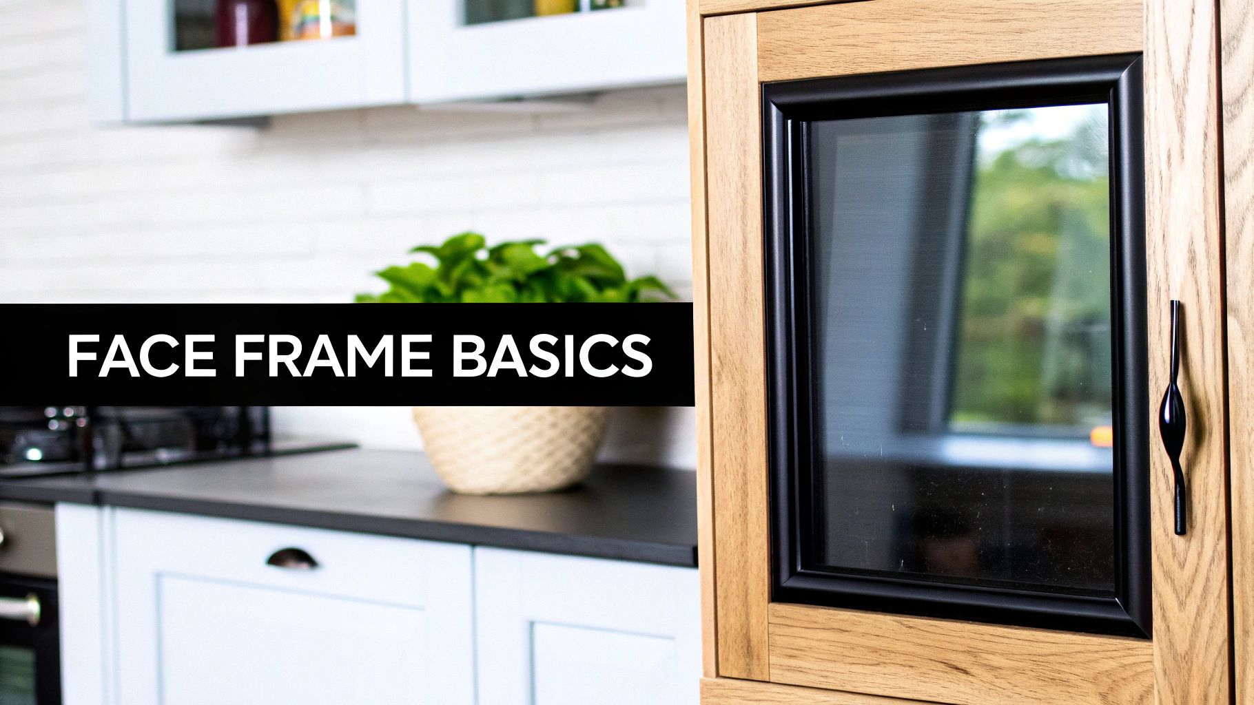 Kitchen interior with white and wooden cabinets, a plant, and text 'FACE FRAME BASICS'.