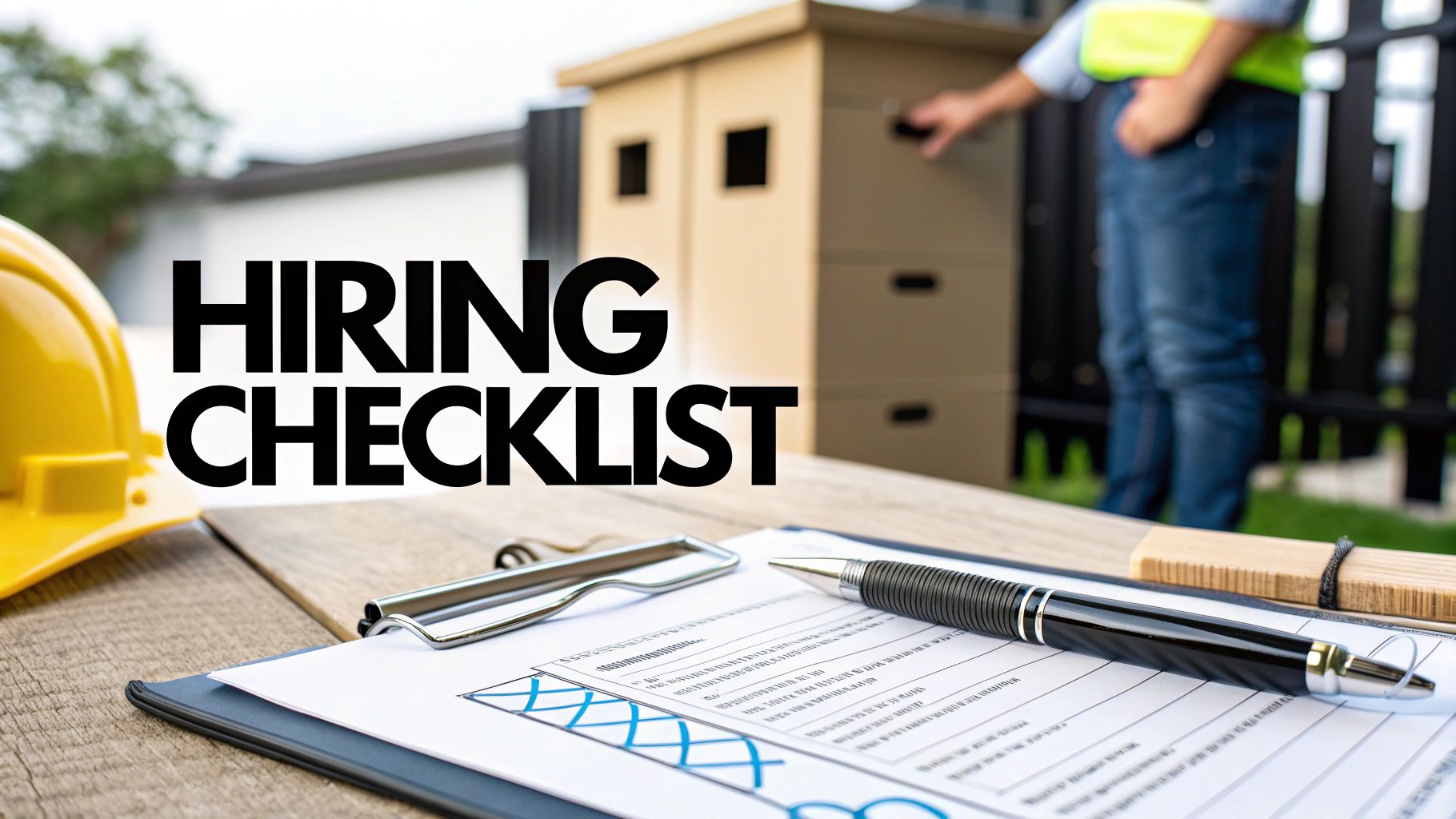 A 'Hiring Checklist' on a clipboard with a pen, a yellow hard hat, and a worker with boxes in the background.