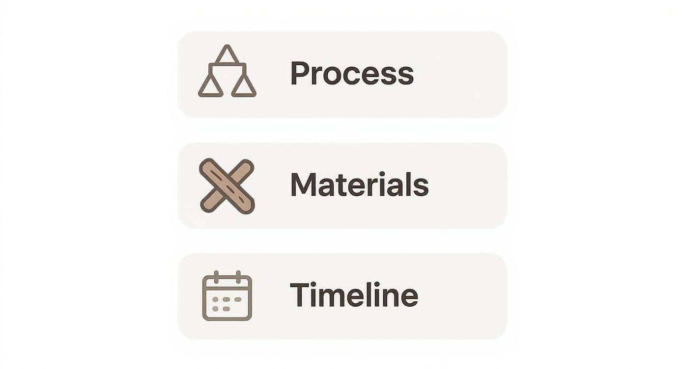 Three navigation buttons showing process with hierarchy icon, materials with crossed boards icon, and timeline with calendar icon