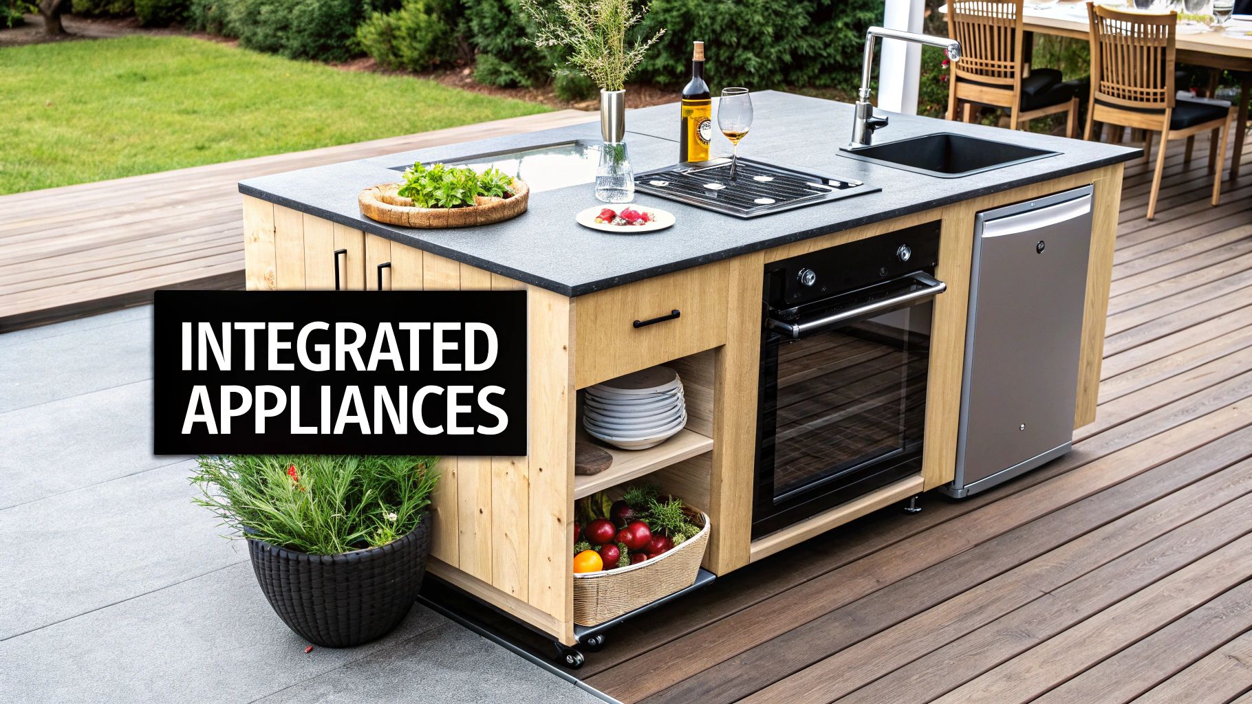 Modern outdoor kitchen island on a deck featuring integrated appliances like an oven, sink, and dishwasher.
