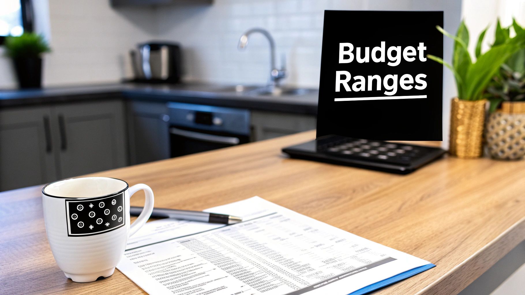 A kitchen counter with a laptop showing 'Budget Ranges', a mug, pen, and financial document, suggesting home budget planning.
