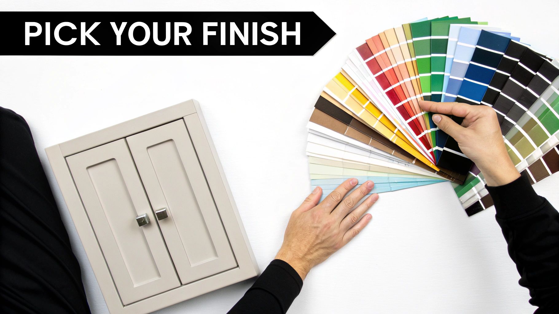 Hands holding color swatches next to cabinet door samples for kitchen refinishing decisions