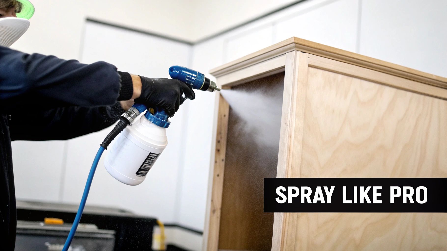 Person in protective gear expertly spray painting unfinished wooden kitchen cabinets.