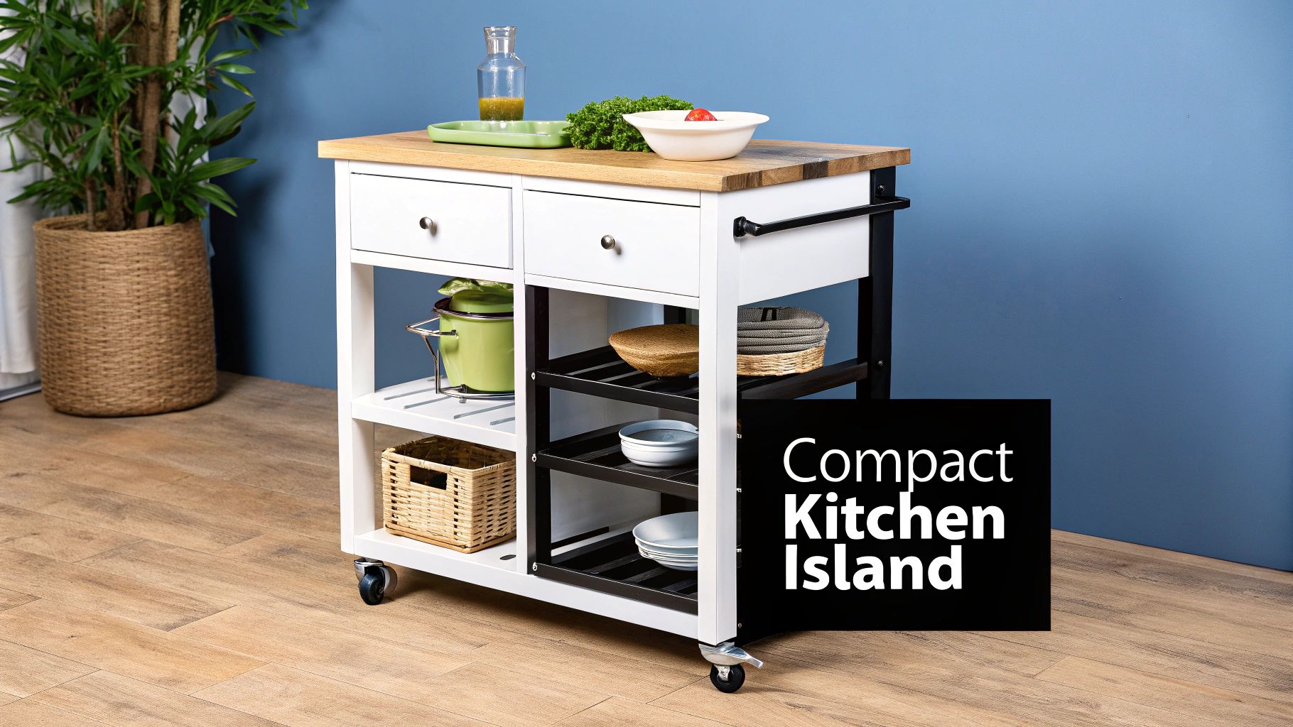 A compact white kitchen island cart with a wood top, drawers, and open shelves on wheels.