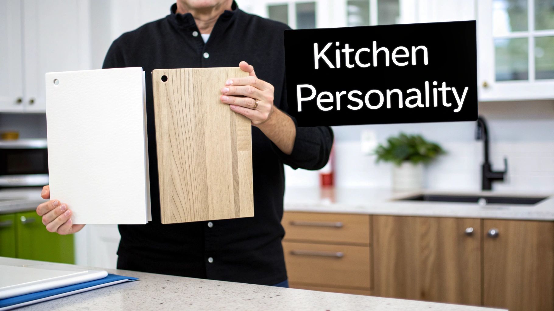 Person holding two kitchen cabinet door samples, white textured and light wood, in a modern kitchen.