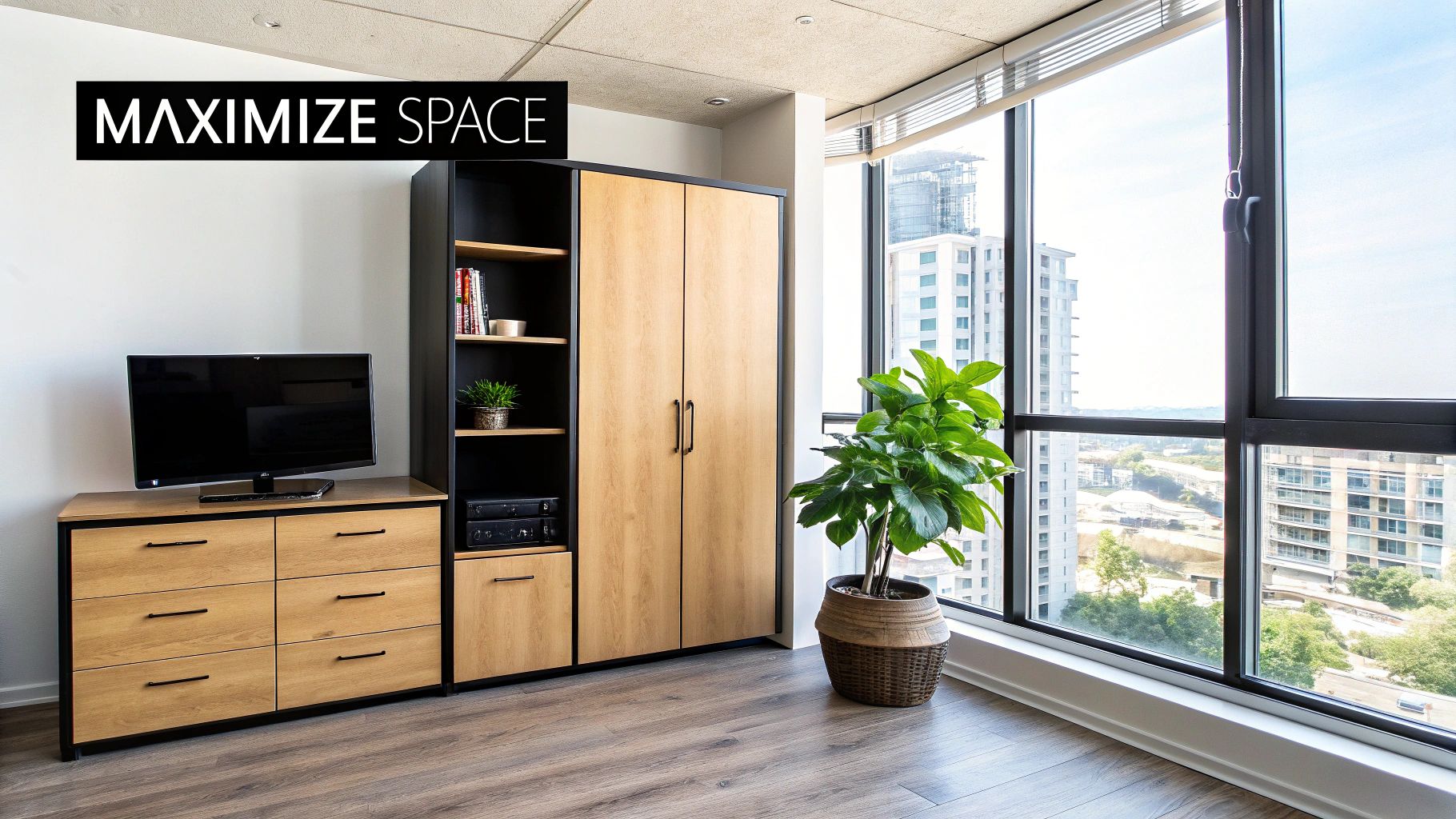 Modern condo living room featuring modular wooden furniture, TV, plant, and large window with a city view.