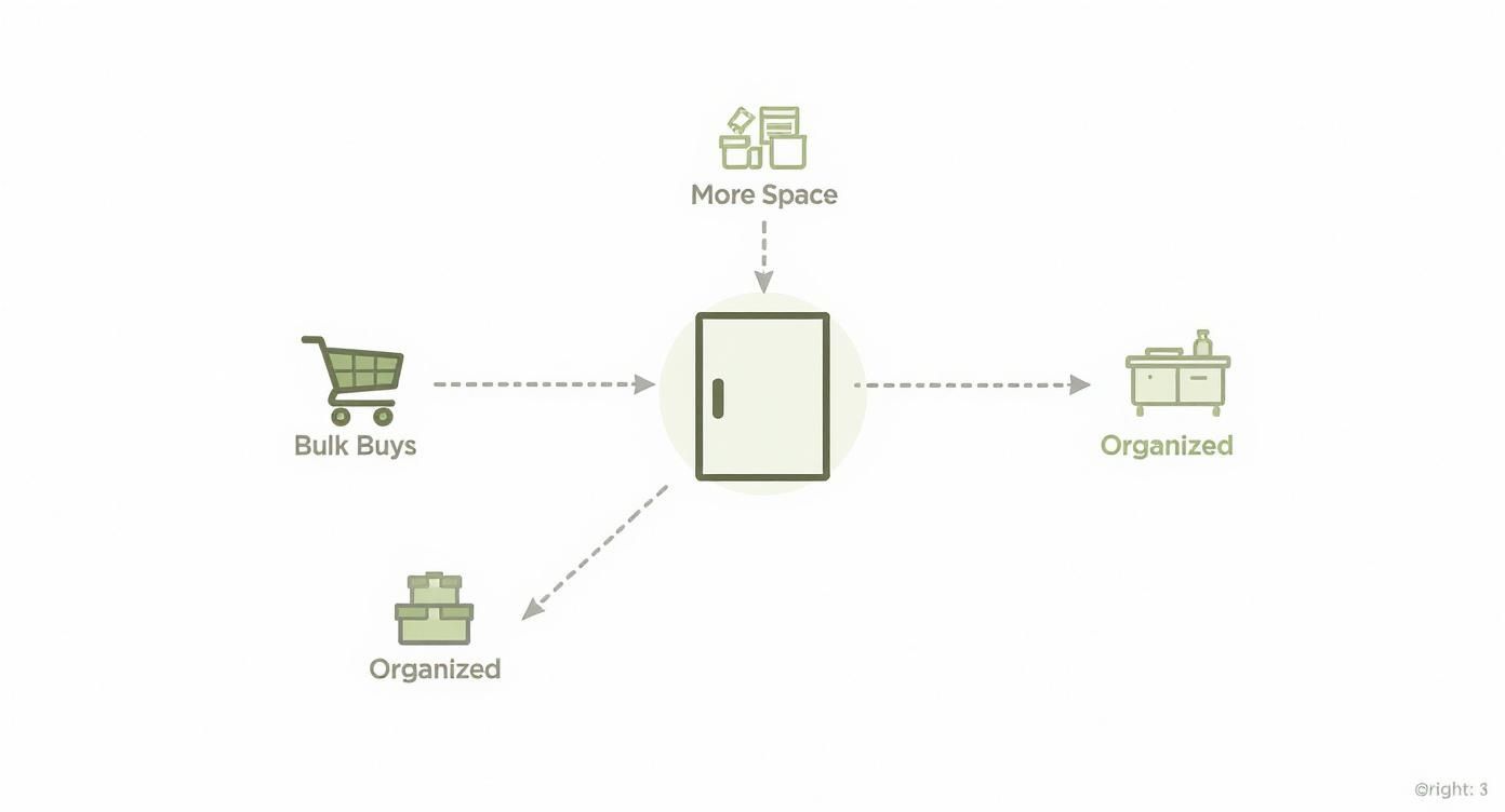 A diagram illustrating how a pantry manages bulk buys and offers more space, leading to an organized home.