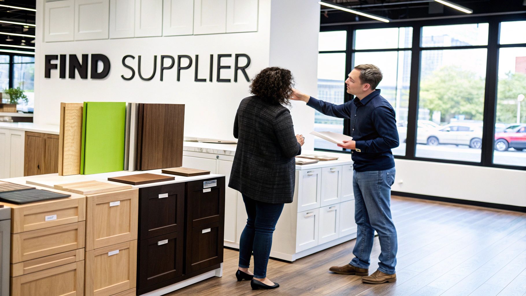 A person carefully inspecting kitchen cabinet samples in a well-lit showroom.