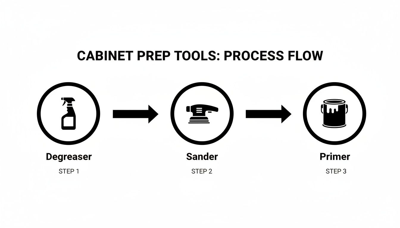 Process flow diagram for cabinet preparation tools: degreaser, sander, and primer in sequential steps.