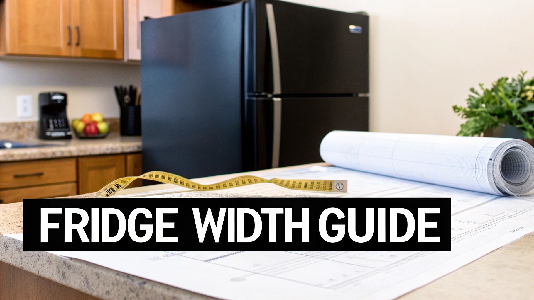 A kitchen counter with a measuring tape, blueprints, and a black refrigerator, labeled 'Fridge Width Guide'.