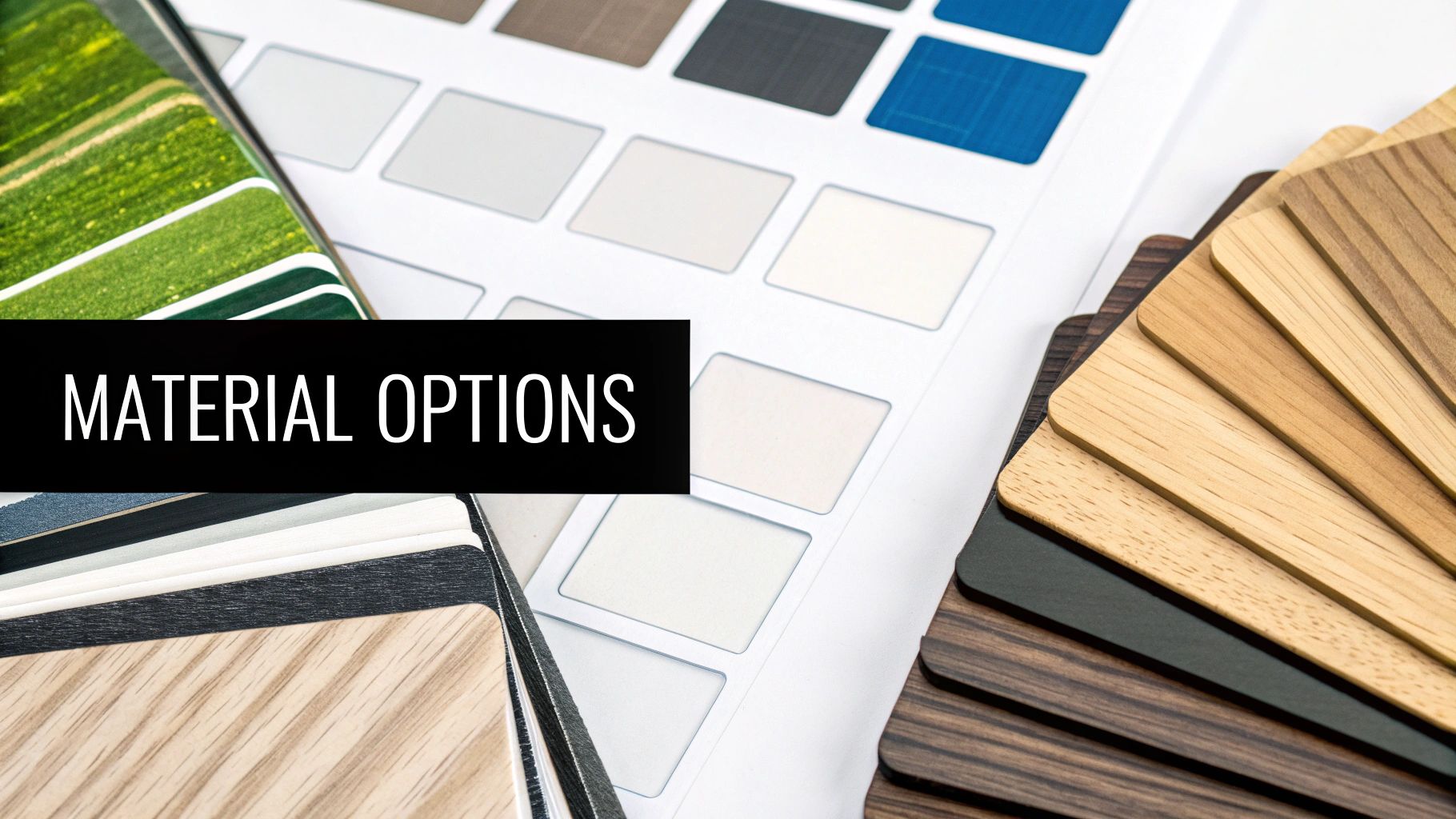 Material options display showing wood samples, fabric swatches, and color palette for interior design selection