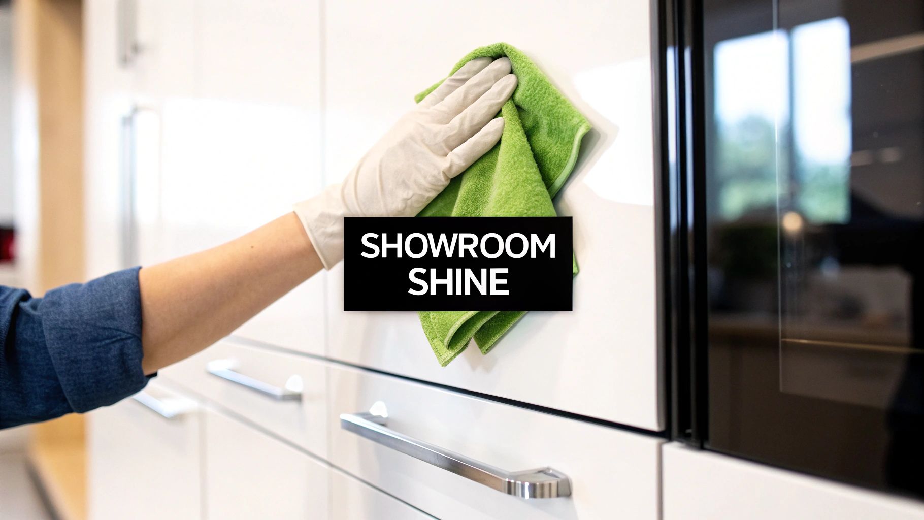 A person gently wiping a white high gloss kitchen cabinet with a soft cloth.