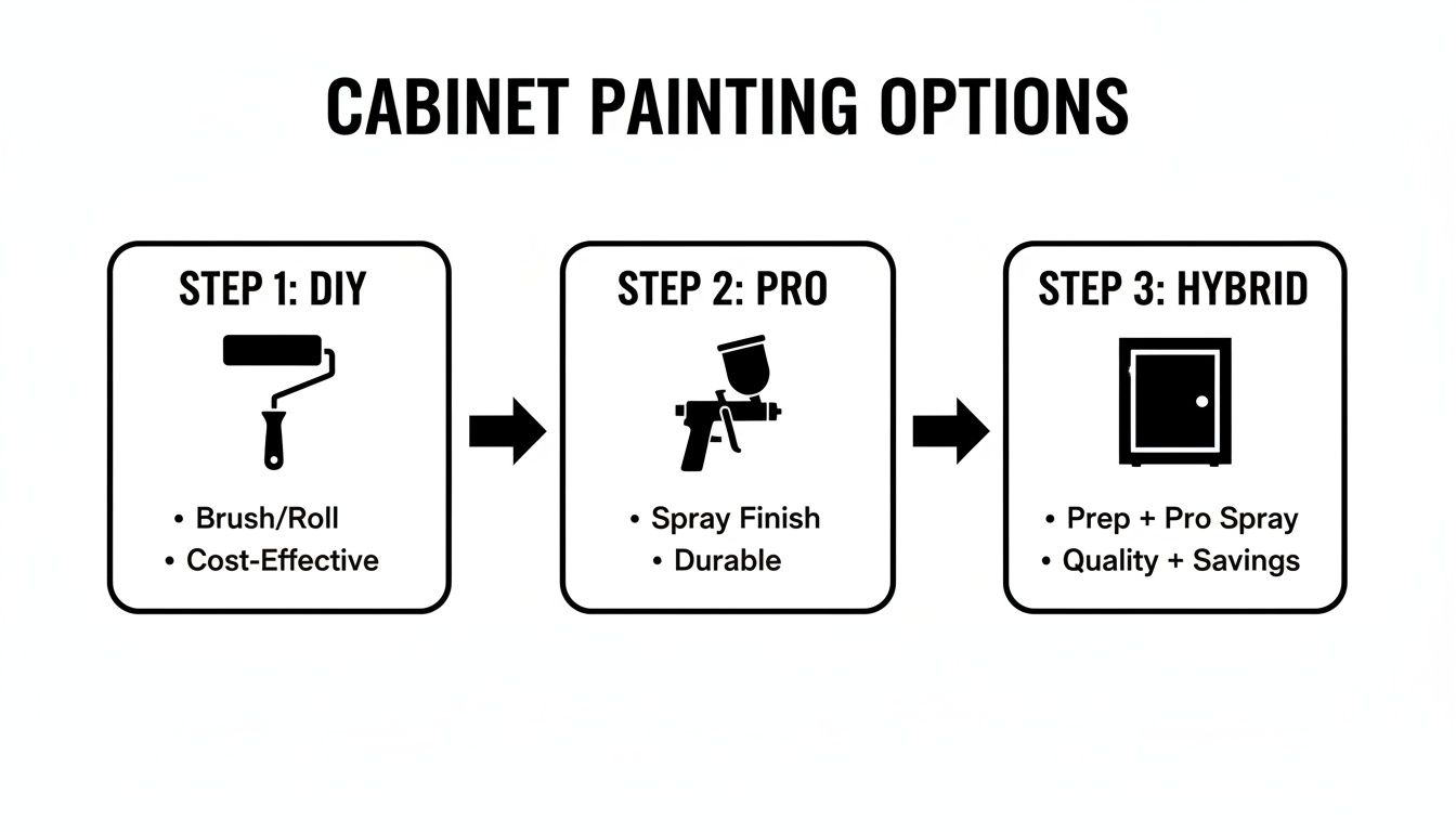 Diagram showing three cabinet painting options: DIY (brush/roll), Pro (spray finish), and Hybrid (prep + pro spray).