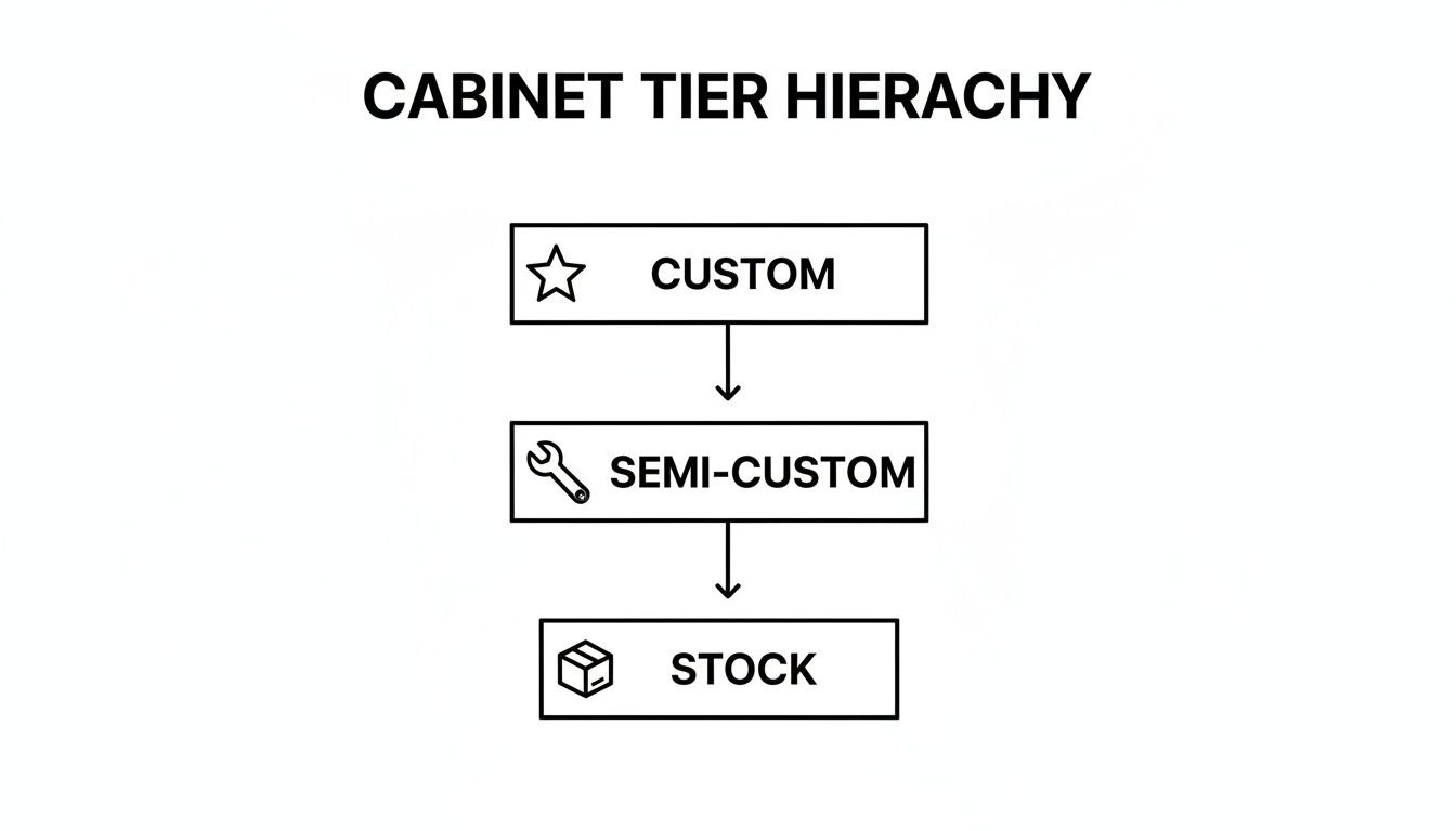 Flowchart illustrating cabinet tier hierarchy: Custom, Semi-Custom, and Stock options, connected by arrows.