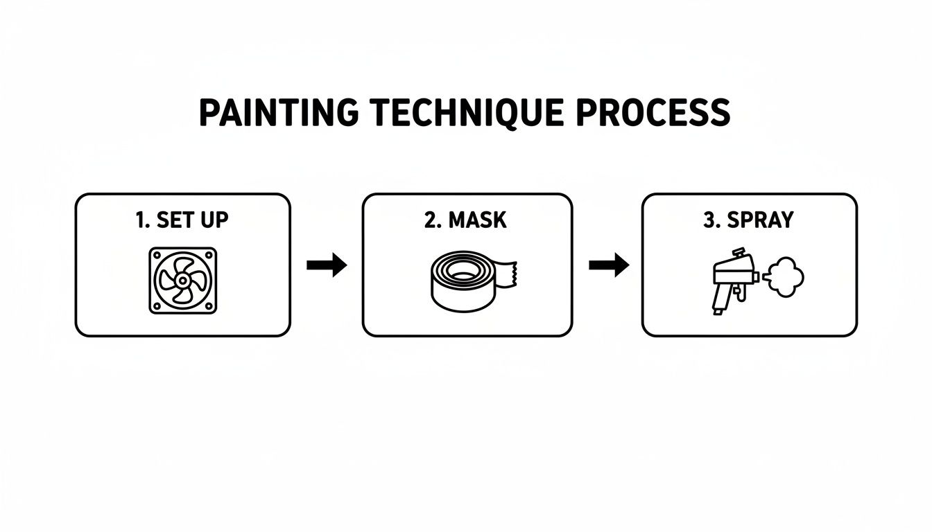 A three-step painting technique process illustration showing setup with a fan, masking with tape, and spraying.